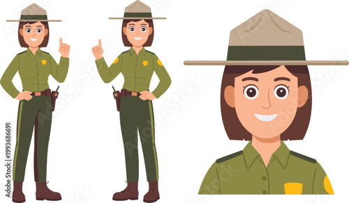 Female park ranger character in uniform posing and smiling in friendly illustration style