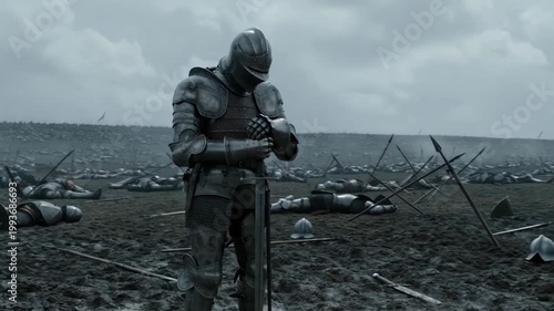 Knight in metal armor standing on dark muddy battlefield. Soldier leaning on sword amidst fallen ranks after historical battle