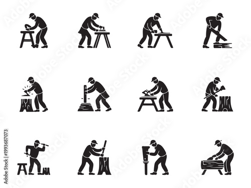 Woodworking Tools and Carpentry Action Silhouette Icon Set, Timber Industry Vector Elements