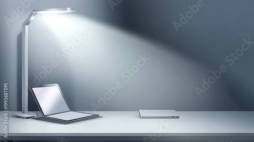 Modern white desk lamp shining on a tablet and portable charger