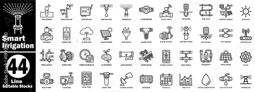 Smart irrigation line icons set. Featuring water management systems including sprinklers, drip emitters, flow meters, soil probes, and automated controller technologies.