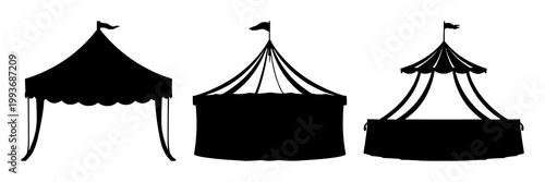 Circus tent set with bold black silhouette against clean white background featuring circus, carnival, entertainment with silhouette and landscape