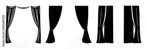 Stage curtains set with black silhouette on a crisp white background featuring theatrical, performance, drama with curtains and stage