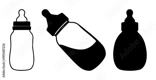 Baby bottle set with black silhouette on white background featuring baby bottle, infant feeding, nursing with silhouette and background