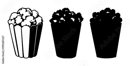 Popcorn set with black silhouettes on white background featuring snack, movie theater, buttery treat with white and popcorn kernels