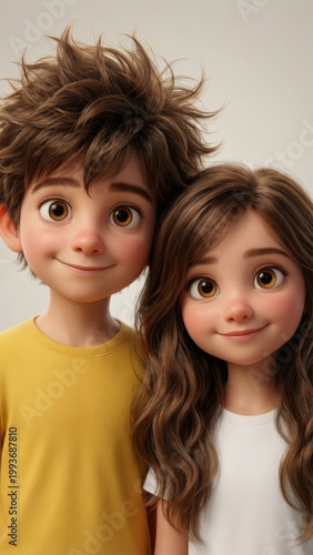 High-detail 3D animation-style portrait of a smiling young boy and girl with brown hair, expressive amber-brown eyes, and soft studio lighting.