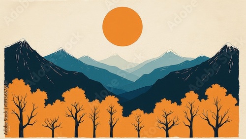 Minimalist ukiyo-e landscape with deep indigo mountains, glowing orange sun, autumn trees, misty valleys, and fine line details on textured washi paper.

