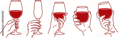A vector illustration of five wine glasses with varying levels of red wine, each held by a hand in a unique position, showcasing different grips and angles.