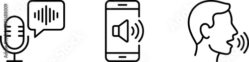 A simple line drawing featuring three icons: a microphone with a speech bubble, a mobile phone with a speaker icon, and a person's head with sound waves emanating from their mouth, all on a white back
