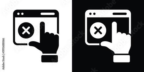 Vector icon showing a hand clicking an X or cross mark on a browser window, representing error, rejection, cancellation, or closing a web task.