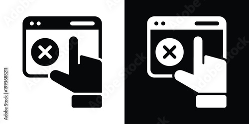 Vector icon showing a hand clicking an X or cross mark on a browser window, representing error, rejection, cancellation, or closing a web task.