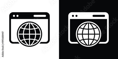 Simple icon featuring a globe inside a browser window, representing internet browsing, worldwide web connectivity, global networks, and online information.