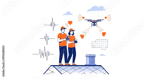 Couple Operating Drone Sending Love Hearts, Technology & Romance Concept