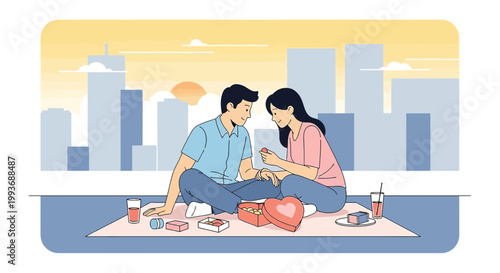 Couple on Rooftop Picnic, Sunset Proposal with Ring and Hearts
