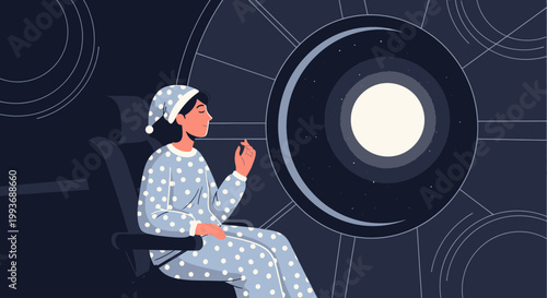 Dreamy contemplation: Woman gazes into the cosmic night sky from her chair slumbering in peace