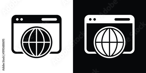 Simple icon featuring a globe inside a browser window, representing internet browsing, worldwide web connectivity, global networks, and online information.