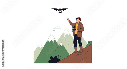 Drone operation over mountainous scenery showcasing modern aerial exploration and remote sensing