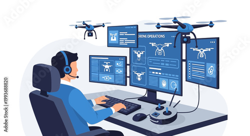 Drone operations center with operator controlling autonomous vehicles on multiple screens