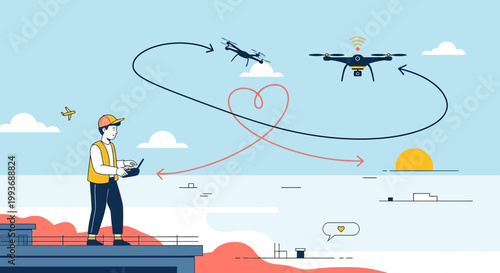 Drone pilot controlling aircraft with heart path, technology and love concept