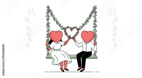 Couple on Swing with Heart Heads, Romantic Love Illustration