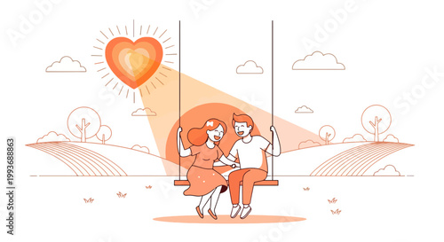 Couple on swing with heart sun, love and romance illustration