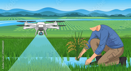 Drone technology revolutionizing agricultural monitoring in rice paddies offering enhanced crop