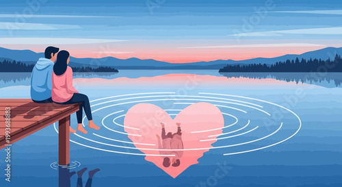 Couple on Dock Watching Love Heart Ripples on Lake at Sunset