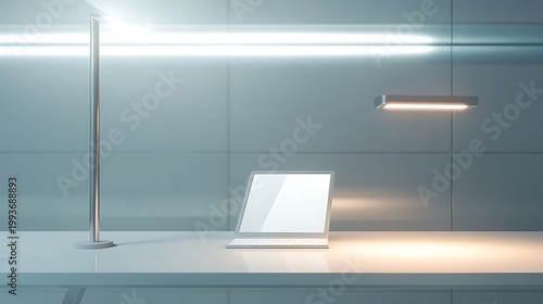 Modern workspace with laptop and lighting solutions on a white desk
