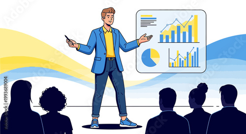 Dynamic business presentation with a charismatic speaker addressing the audience attentively