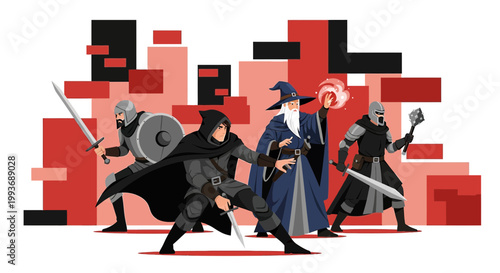 Dynamic fantasy adventure team illustration showcasing a warrior, mage, rogue, and knight