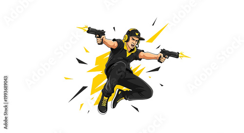Dynamic gaming character striking a pose with dual pistols emitting energy flashes
