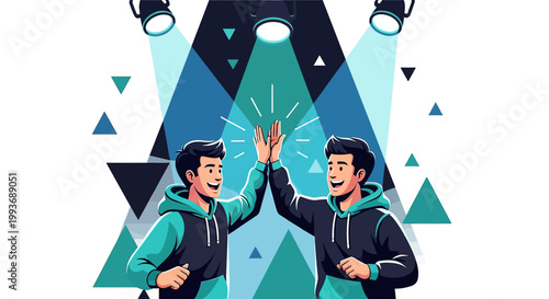 Dynamic Illustration of Two Men Celebrating Success with a High Five amidst Geometric Shapes