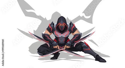 Dynamic ninja warrior illustration poised for action with dual blades and stylized armor
