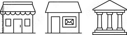 Black and white line drawings of three distinct building facades including a storefront with scalloped awning a simple house with a mailbox and a classical temple with columns on a base
