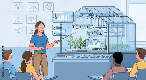 Educational Illustration Featuring Smart Greenhouse Technology and Agricultural Science Class
