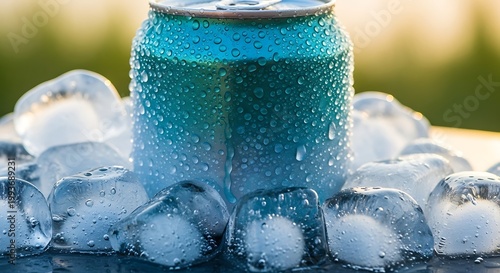 Refreshing blue soda can surrounded by ice cubes, cold drink.