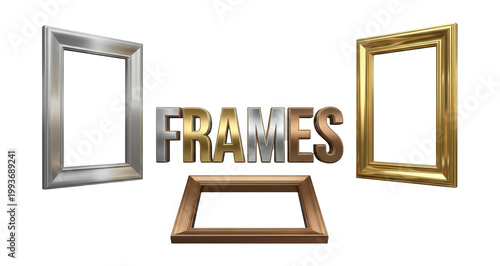 Collection of 3D metallic picture frames in gold silver and bronze styles isolated on white background