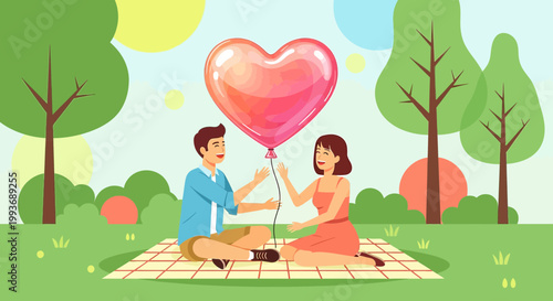 Couple on Picnic Sharing Heart Balloon in Park