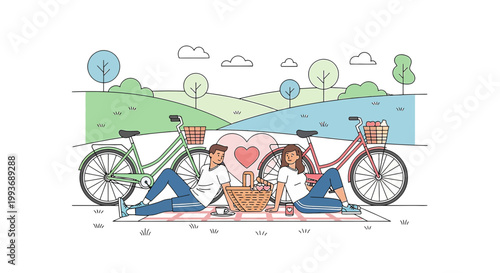 Couple on Picnic with Bikes and Heart Symbol Illustration