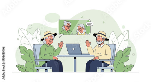 Elderly couple connecting with family online through video call, fostering digital communication