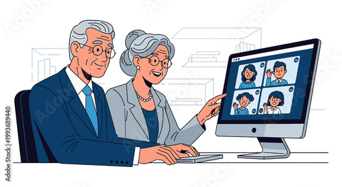 Elderly couple engaging in a virtual family gathering on a modern computer screen