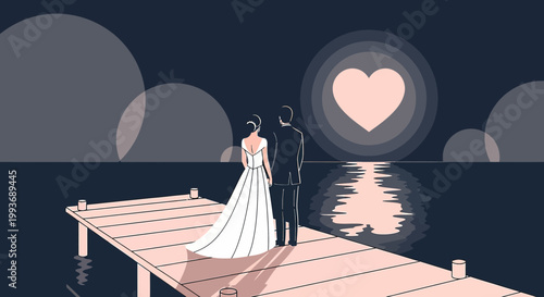 Couple on pier with heart symbol, wedding, love, romance, commitment, future