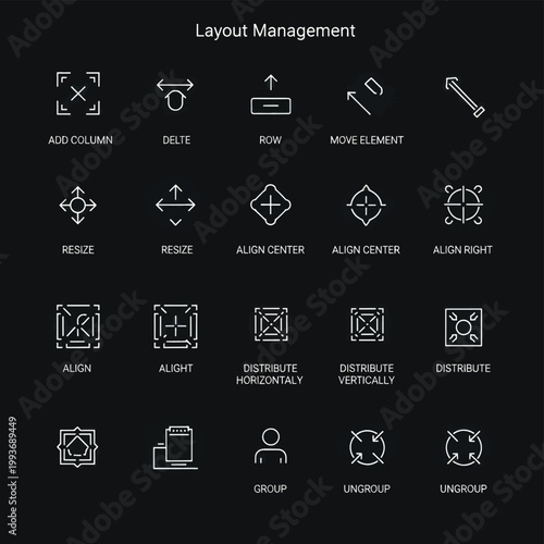 Array of layout management icons for alignment distribution and transformation in a UI design toolkit.