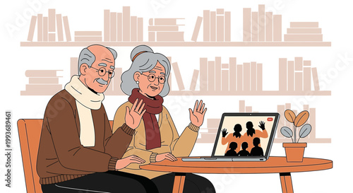 Elderly couple enjoying a video call with family, connecting remotely through technology bringing