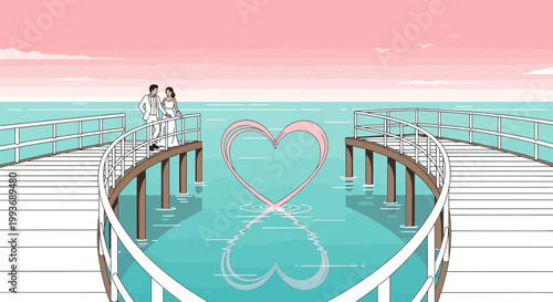 Couple on pier with pink heart over turquoise ocean, romantic illustration