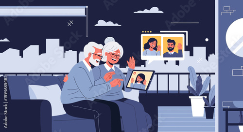 Elderly couple enjoying video call with family from home in a modern setting connecting generations
