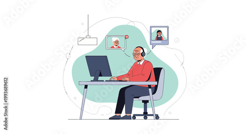 Elderly man engages in digital communication connecting through video conferencing platform