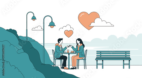 Couple on Romantic Date by the Water, Hearts Illustration