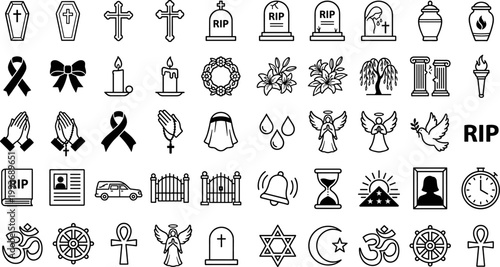 A collection of funeral symbols and service icons in black and white on a blue and with various religious and memorial elements