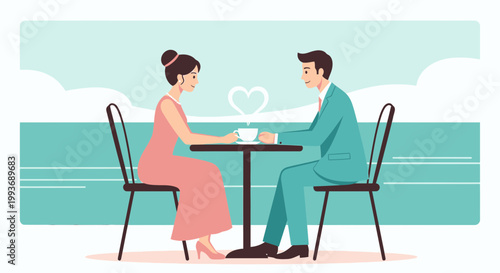 Couple on Romantic Date, Sharing Coffee with Love Heart Steam